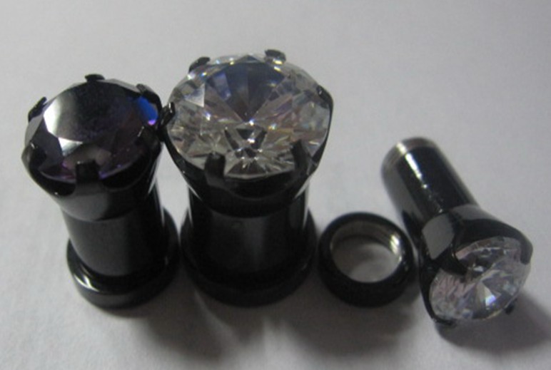 CZ stone 316l stainless steel flesh tunnel, cz jewelry ear plugs