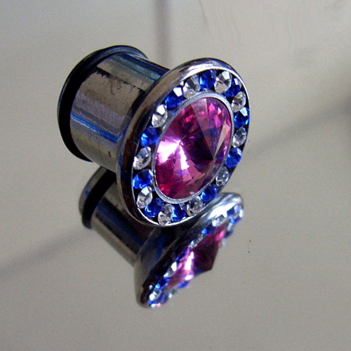 CZ stone 316l stainless steel flesh tunnel, cz jewelry ear plugs