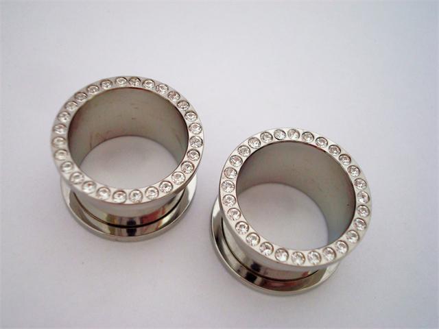 CZ stone 316l stainless steel flesh tunnel, cz jewelry ear plugs